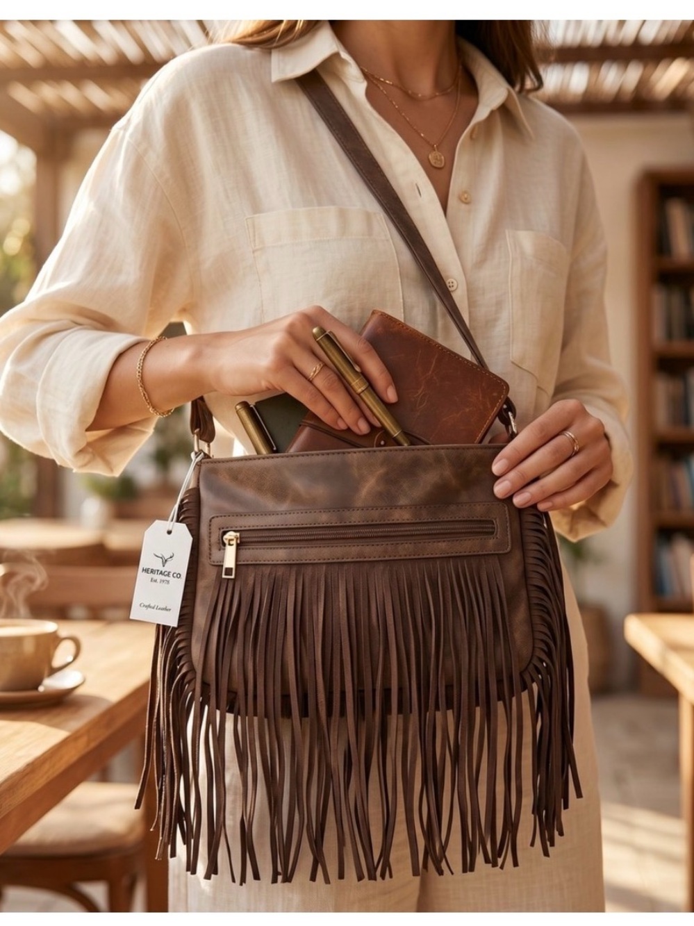 Heritage Brown Leather Fringe Crossbody Bag